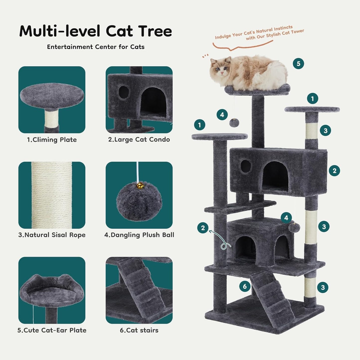DUMOS 54-Inch Indoor Cat Tree Tower –Multi-Level Pet House for Large Cats with 2 Condos, Scratching Posts, round Platform, Small Ladder, and Toys – Perfect for Cats of All Ages, Dark Grey