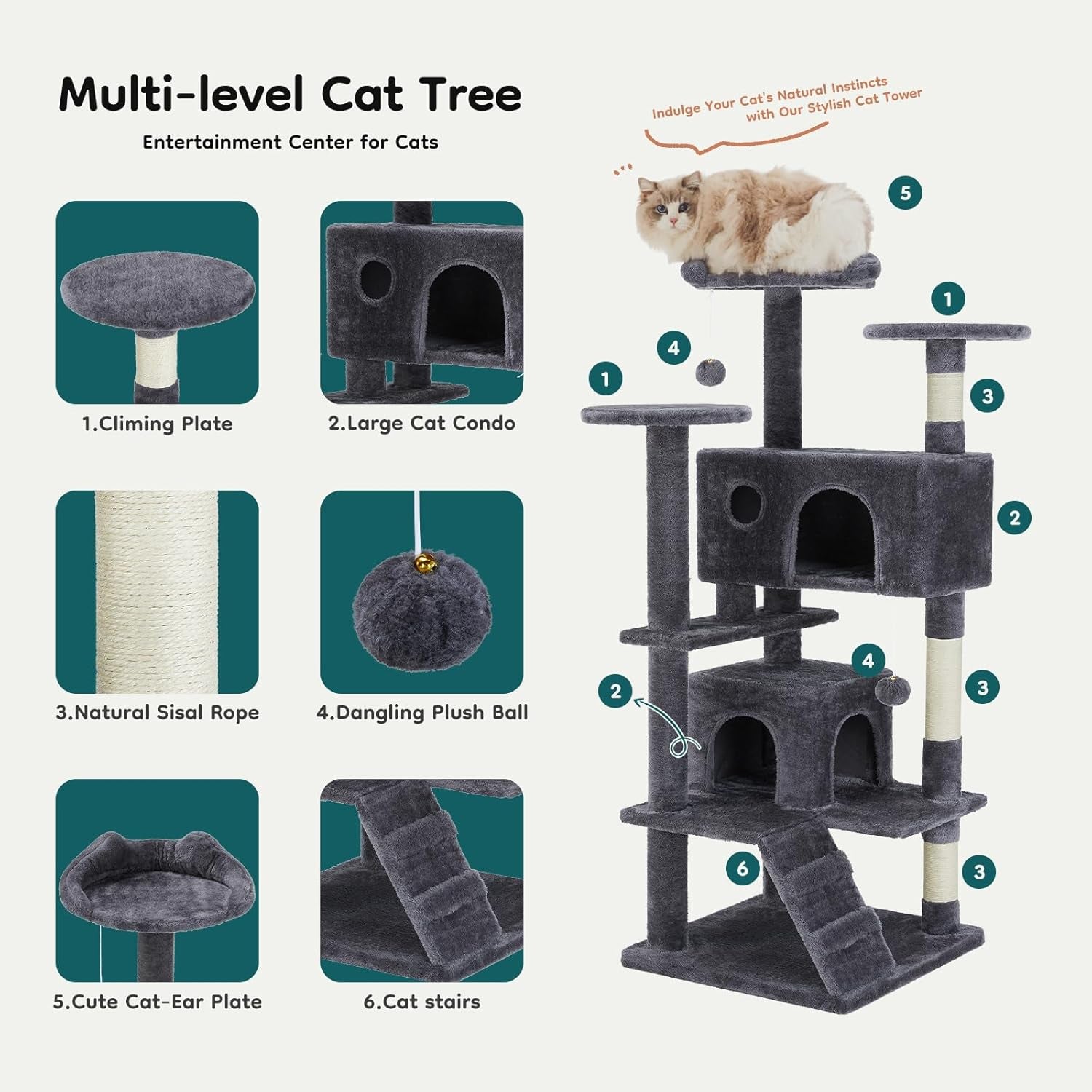 DUMOS 54-Inch Indoor Cat Tree Tower –Multi-Level Pet House for Large Cats with 2 Condos, Scratching Posts, round Platform, Small Ladder, and Toys – Perfect for Cats of All Ages, Dark Grey