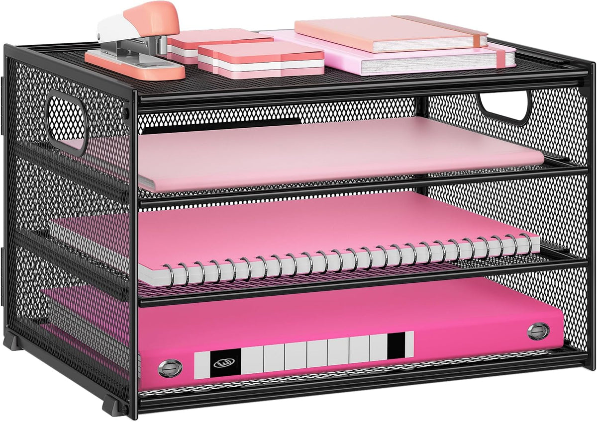 3-Tier Letter Tray Desk Organizer, Mesh Metal Paper File Tray Organizer for Desk, Office Supplies & Home Organization, Fits A4 Paper, Mail, Magazines & Office Accessories (Black with Handle)