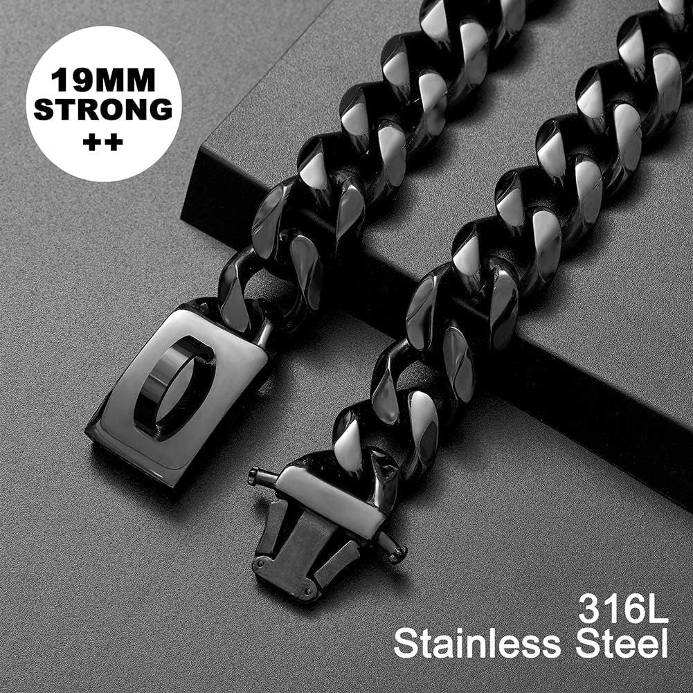 Dog Chain Collar Walking Training Collar with Design Secure Buckle 19MM Black Cuban Link Strong Heavy Duty Chew Proof Chain(19Mm, 20")