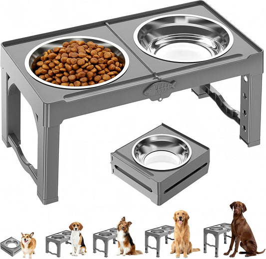 Elevated Dog Bowls Stand with 5 Heights from 3.8" to 13.4", Raised Dog Bowl Suitable for Medium & Large Sized Dogs, Adjustable Pet Food Stand with 2 Stainless Steel Bowls, Foldable Feeder (Grey)