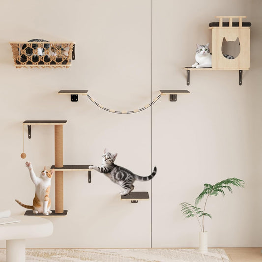 5-In-1 Cat Wall Shelves Set with Hammock, Wall-Mounted Cat Furniture Includes Condo, Bridge, Ladder & Steps for Indoor Cats, Safe & Stable (Gray)