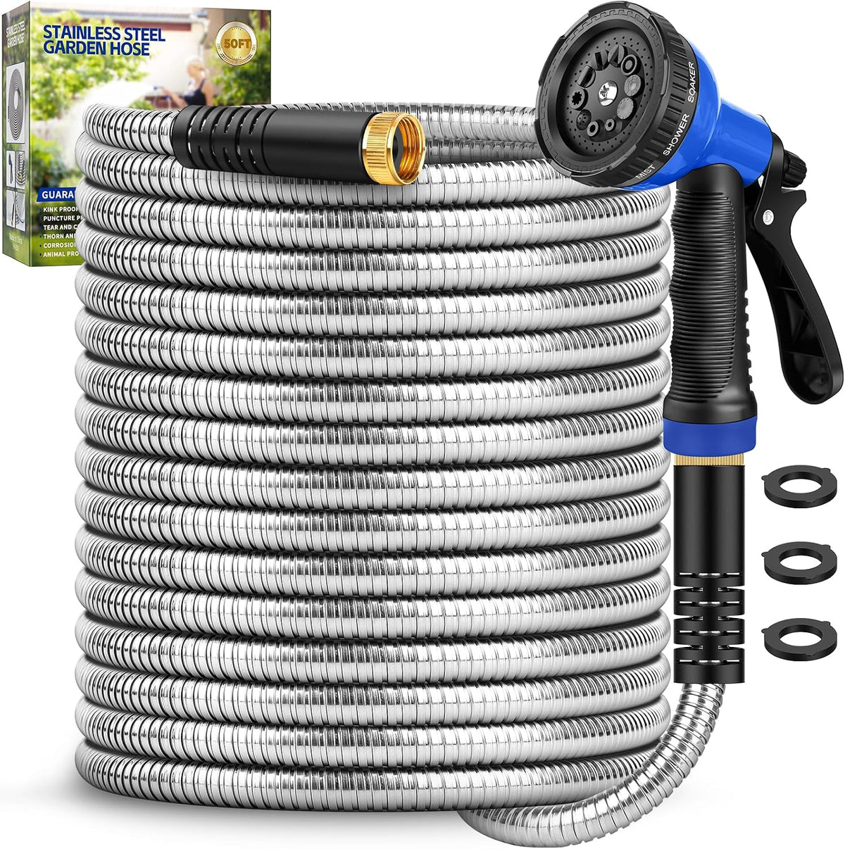 Garden Hose 50Ft, Stainless Steel Metal Hose with 10 Function Nozzles