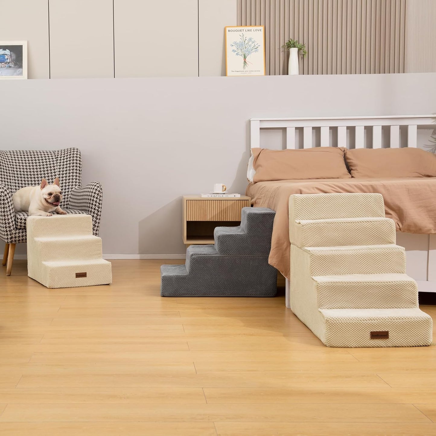 Aodisman Dog Stairs for Small Dogs, 3-Step Non-Slip Pet Stairs for Couch Sofa and Chair, Dog Bed Stairs for Puppy, Older Cat,Grey,13.6" H