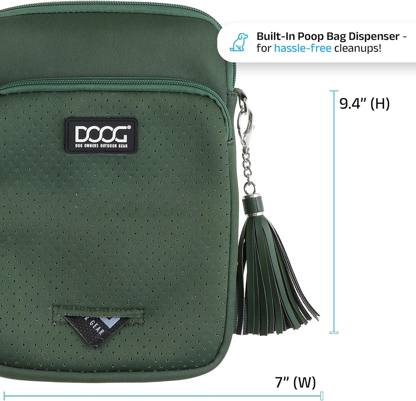 DOOG Neosport Walkie Bag - Lightweight Neoprene Dog Treat Pouch & Crossbody Shoulder Bag with Built-In Poop Bag Dispenser - Hands-Free Everyday Essentials - Green