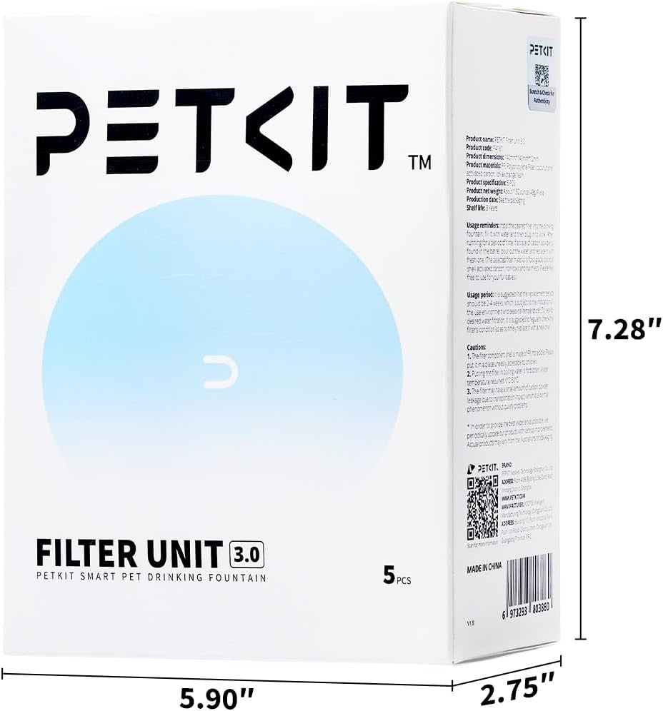 PETKIT Upgraded Filter Units 3.0 for PETKIT Pet Water Fountains Eversweet 2S/3/3 Pro,Eversweet Solo/Solo2/Solo SE & CYBERTAIL, Replacement Filters (5 Pcs)