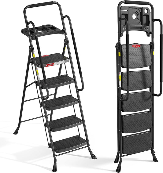 Hbtower 5 Step Ladder, Folding Step Ladder with Handrails & Tool Tray