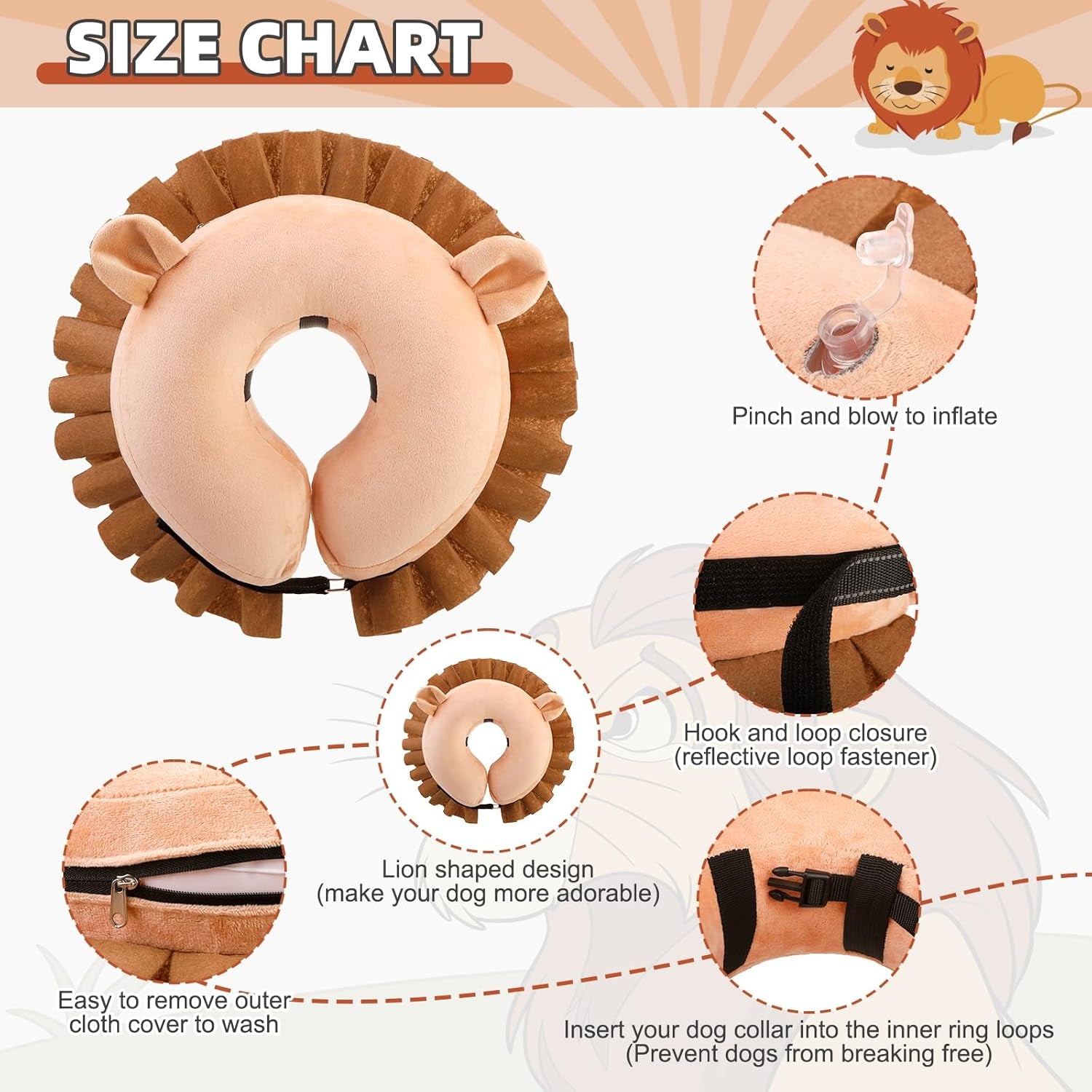 KOOLTAIL Inflatable Dog Cone Collar, Soft Donut E Collar for Dogs after Surgery to Stop Licking Enhanced Alternative, Blow up Pet Neck Pillow Recovery Adjustable Cone for Dog Cat, Lion M
