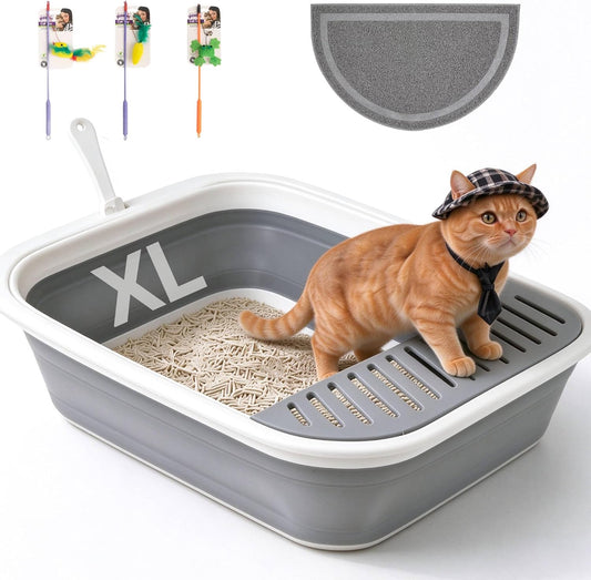 PAWISE Foldable Cat Litter Box, 20.9"X15.6"X5.5" Large Travel Litter Pan,Collapsible Litter Box with Low Entry for Kittens, Adult & Senior Cats, Anti-Splash Box with Scoop, Teaser Wand and Mat(Grey)