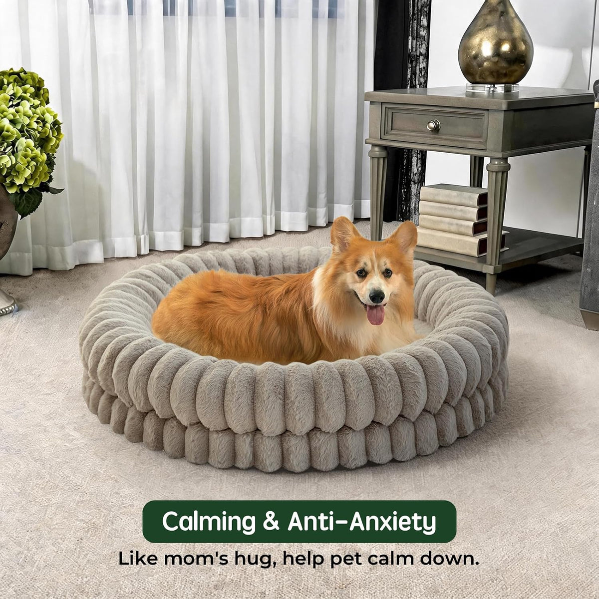 BALANCE Luxury Donut Dog Bed, 36 Inches round Dog Beds Large Sized Dogs Washable, Orthopedic Calming Dogs Bed for Pets with Anti-Slip Bottom, Oatmeal