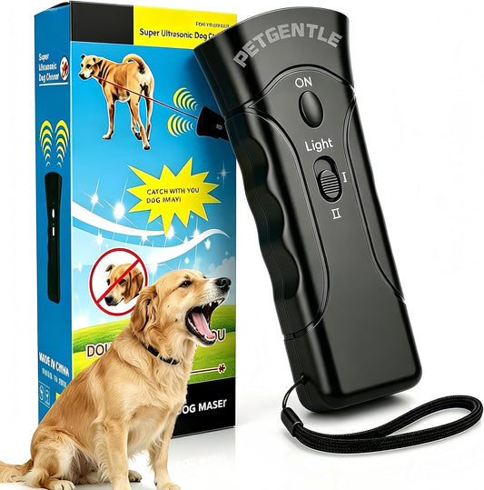 Ultrasonic Pet Trainer Humane anti Barking Control Tool with Dual-Head, Flashlight & 2 Intensity Modes for Indoor Outdoor, 9V Battery Included