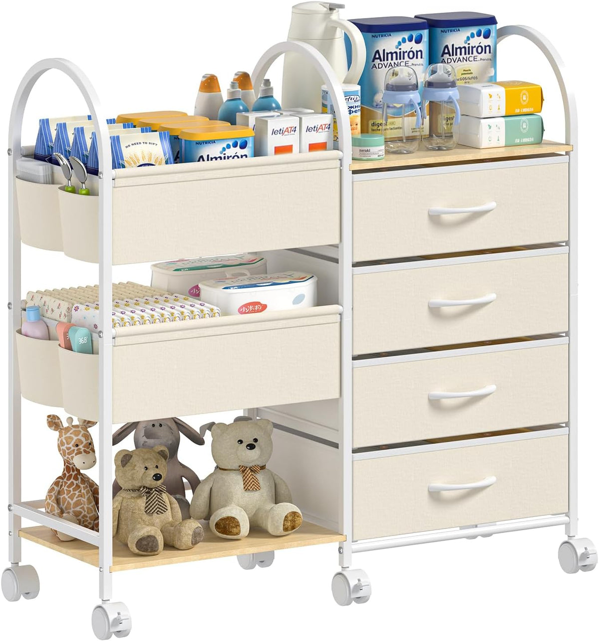 Baby Organizer and Storage Cart, 4-Tier Rolling Utility Cart with Wheels, Dividers and Drawers, Easy to Assemble for Nursery, Bedroom & Changing Table, White