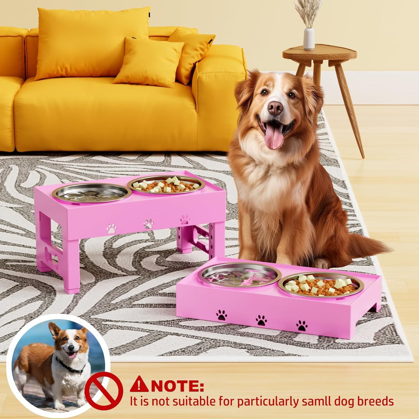 LAKIPETN Elevated Dog Bowls with Mat, Raised Dog Food Bowl Stand with 2 Stainless Steel Bowls, 5 Height Adjustable (3.1", 9", 10", 11", 12") Non-Slip Feeder Set for Medium and Large Dogs – Pink