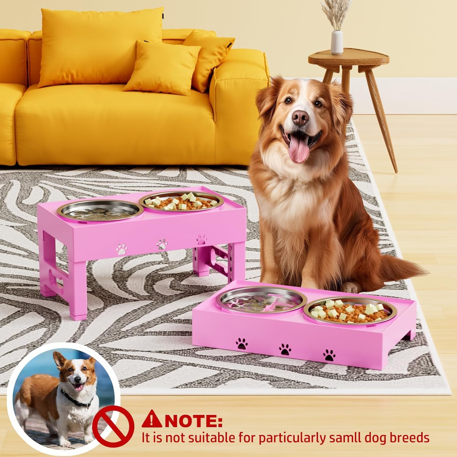 LAKIPETN Elevated Dog Bowls with Mat, Raised Dog Food Bowl Stand with 2 Stainless Steel Bowls, 5 Height Adjustable (3.1", 9", 10", 11", 12") Non-Slip Feeder Set for Medium and Large Dogs – Pink