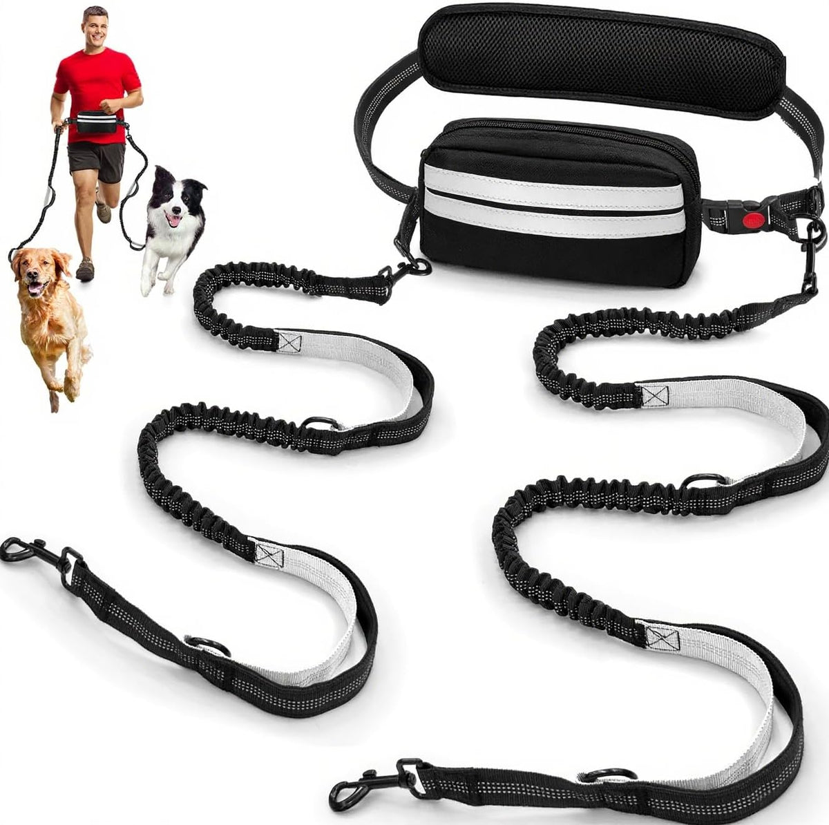 Hands Free Double Dog Leash for 2 Dogs with Safety Lock, Waist Bag