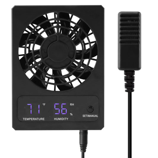 Reptile Ventilation Fan, Auto Temperature/Thermometer Control LED Digital Humidity Gauge, °C/°F Switchable Dehumidifier for Reptile Tank, Rainforest, Ecological Pet Rearing Box (Automatic Humidity)