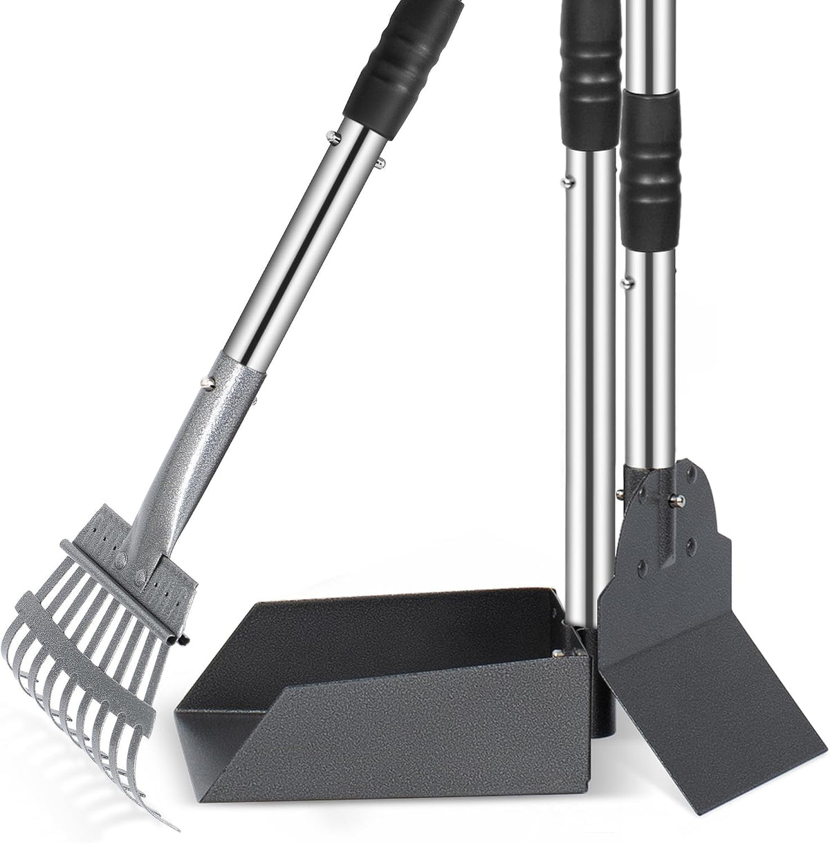 Dog Pooper Scooper, Dog Poop Tray and Rake Set with Long Stainless Handles