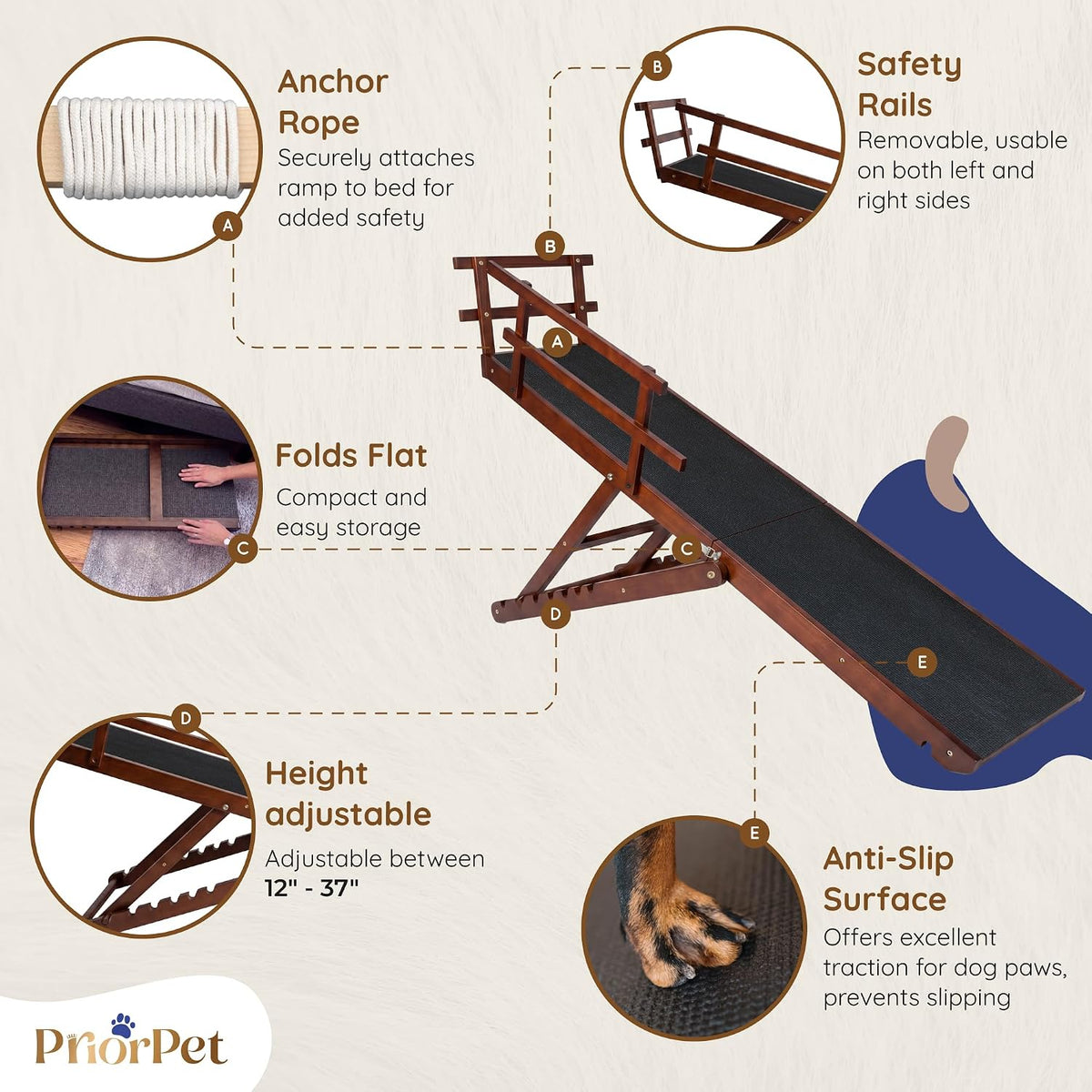 Dog Ramp for Bed - PRIORPET Birchwood Adjustable Ramp for Dogs to Get on Bed: Dog Ramps for High Beds up to 37 Inches – Foldable Ramp, Anti-Slip Grip & Safety Rails, Small Dogs up to 120Lbs – Walnut