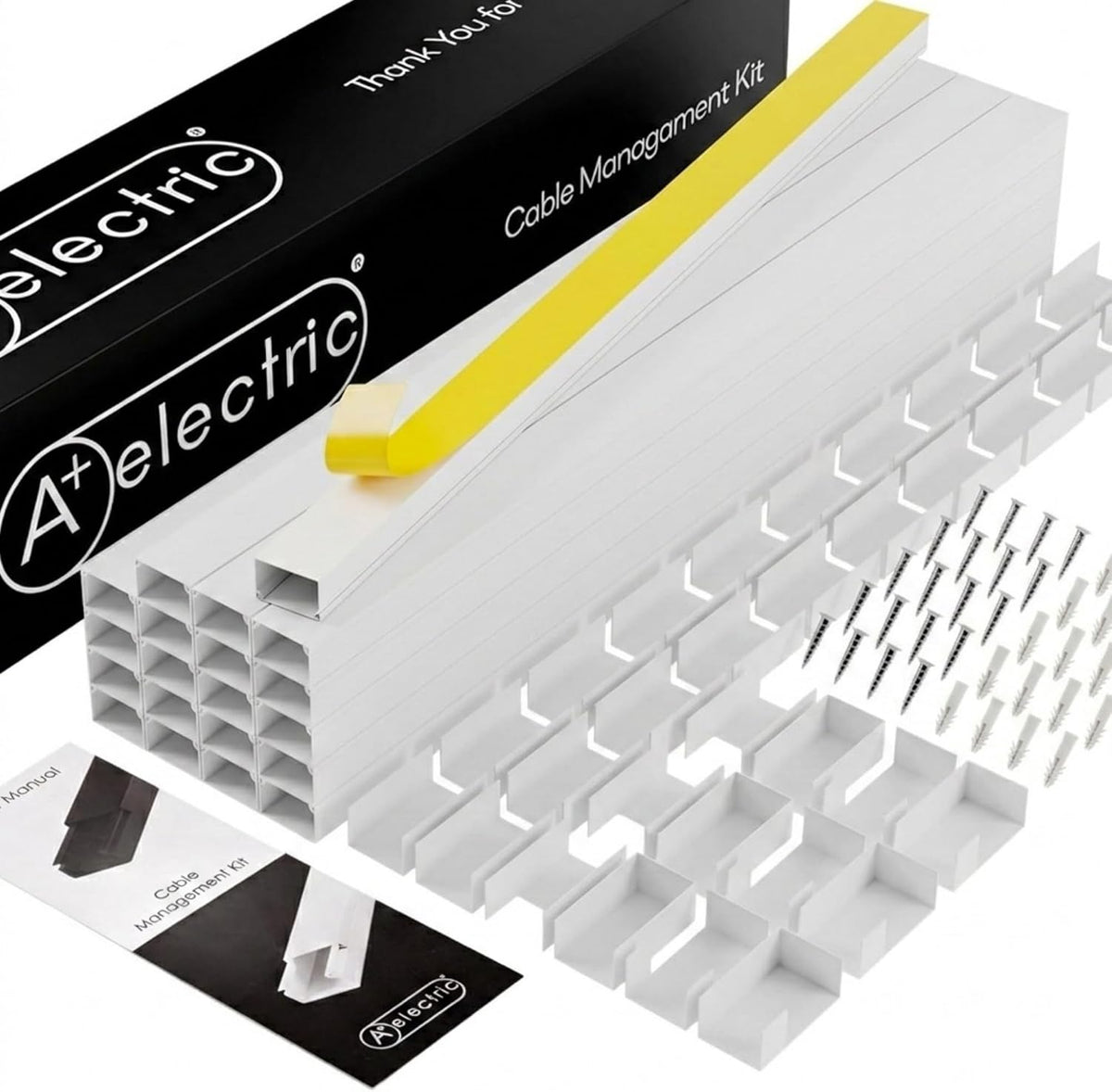 A+ ELECTRIC Cord Cover Full Kit, 26Ft/315In Self-Adhesive Cable Raceway, 20 Snap-On Channels, Wire Hider for TV, HDMI & Speaker Cables, Includes Connectors & Corners, Paintable Cable Management, White