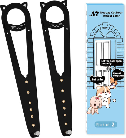 Neobay Cat Door Latch with Stabilizer, 7 Sizes Adjustable Cat Door Holder Latch, Keeps Dog Out of Litter Box, No-Drill Alternative to Pet Gates & Interior Cat Door, Black, 2 Packs