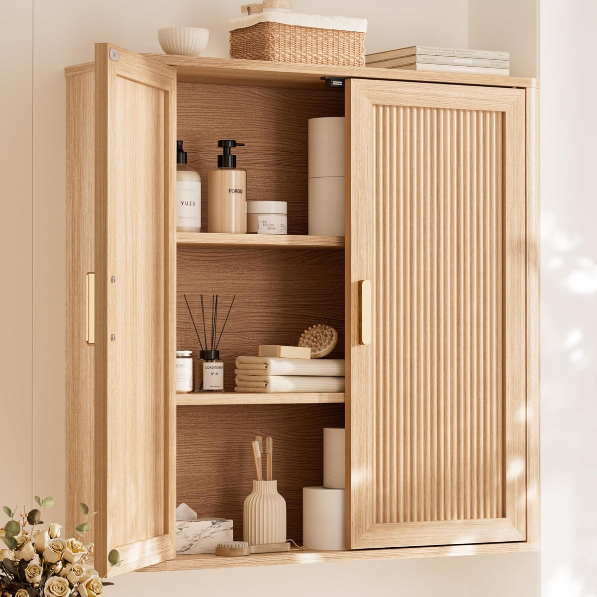 Bathroom Storage Wall Cabinet, over the Toilet Storage Cabinet above Toilet Storage, Medicine Cabinet with Adjustable Wood Shelf & Doors for Laundry Room & Kitchen (Natural Oak)