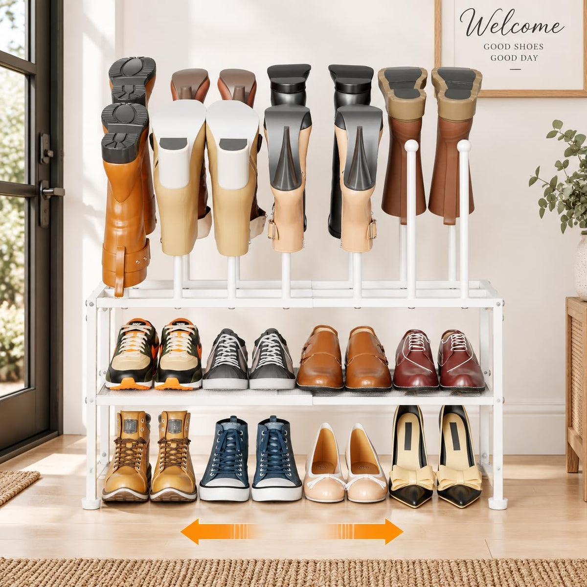 3-Tier Expandable Shoe Rack with Removable Boot Posts, 2-In-1 Shoe Organizer for Closet, Adjustable Width Metal Shoe Storage Shelf for Entryway, Boot Rack for Tall Boots, Heels & Sneakers