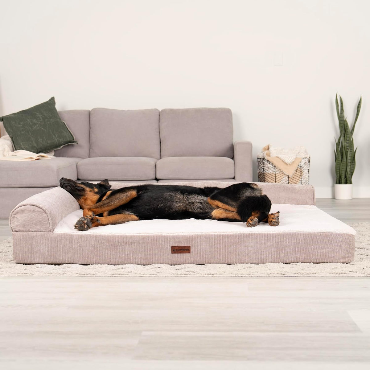 Furhaven Jumbo plus (53"X40") Cooling Gel Dog Bed – Plush & Grid Cord L-Shaped Chaise Lounge Pet Bed, Removable Washable Cover, Mink