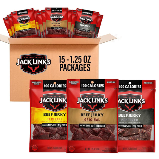 Jack Link'S Beef Jerky Variety Pack - Original, Teriyaki & Peppered - (15 Pack) 1.25 Oz Bags - Ready to Eat Real Meat Protein Snacks - Made with 100% Real Beef