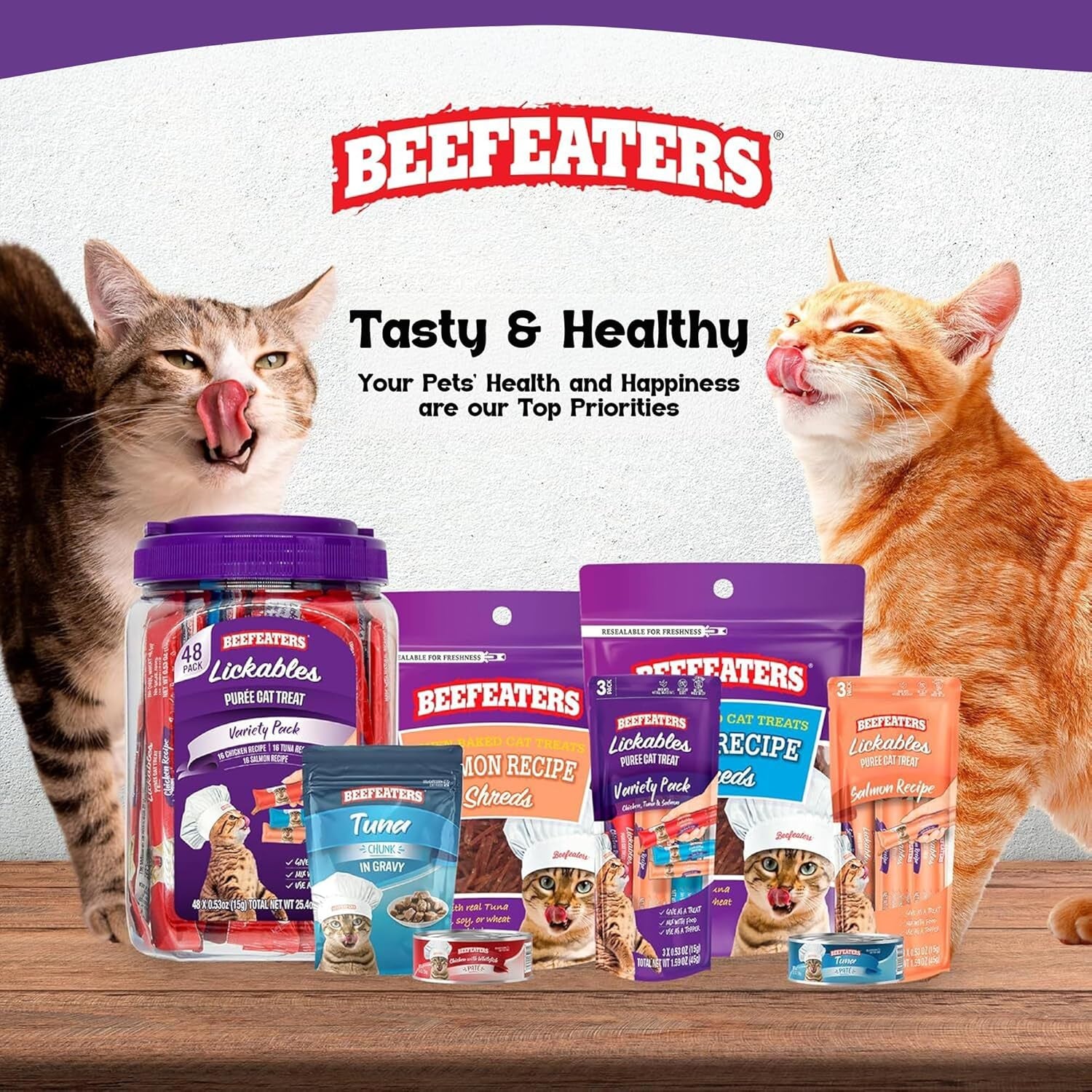 Beefeaters Wet Cat Treats Lickable 48 Count Puree Variety Pack - Salmon Tuna Chicken for Hydration & Training, Grain Free Taurine Enriched High Moisture, Lickable Cat Treats Squeeze up for Picky Eater