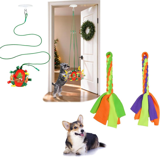 2 Pack Dog Fleece Rope Toy & Christmas Squeaky Hanging Dog Toys, Flirt Pole Replacement Toys