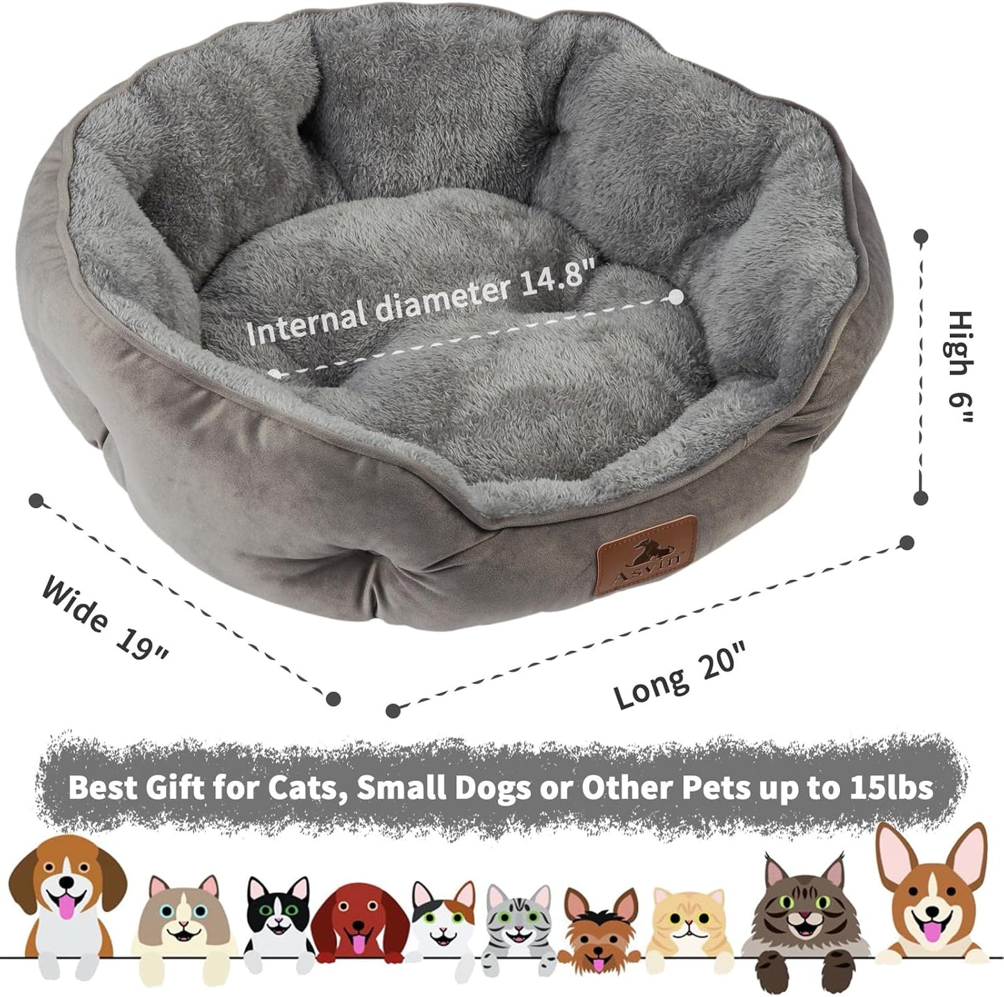 Asvin Small Dog Bed for Small Dogs, Cat Beds for Indoor Cats, Pet Bed for Puppy and Kitty, Extra Soft & Machine Washable with Anti-Slip & Water-Resistant Oxford Bottom, Grey, 20 Inches