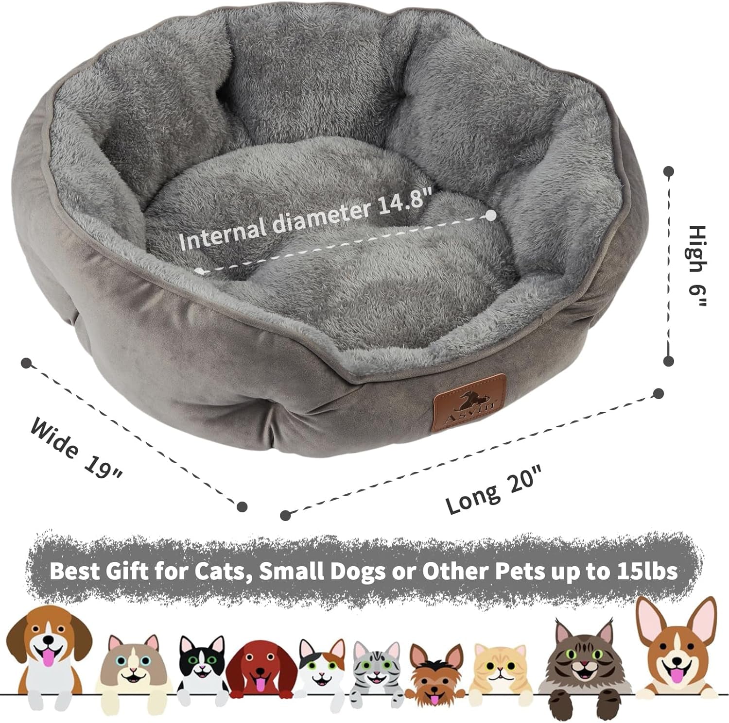 Asvin Small Dog Bed for Small Dogs, Cat Beds for Indoor Cats, Pet Bed for Puppy and Kitty, Extra Soft & Machine Washable with Anti-Slip & Water-Resistant Oxford Bottom, Grey, 20 Inches
