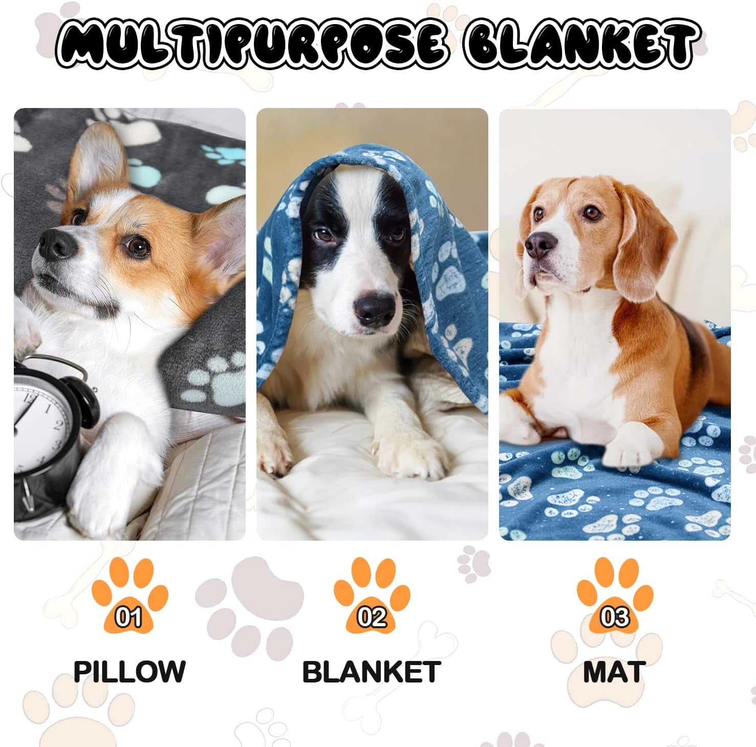 Rezutan 1 Pack 3 Blankets for Dogs, Dog Blanket for Large & Medium Pet Cat, Premium Soft Fluffy Suitable for Dog Kennels & Beds, Sofas, Gifts Puppy Essentials, 41X31Inch, Gray/Blue/Beige