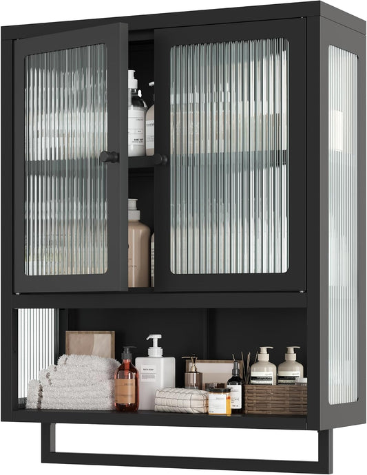 Bathroom Wall Cabinet, over the Toilet Space Saver Storage Cabinet, Medicine Cabinet with 2 Glass Door and Towel Bar, Metal Wall Mounted Cabinet for Bathroom Laundry Room Kitchen