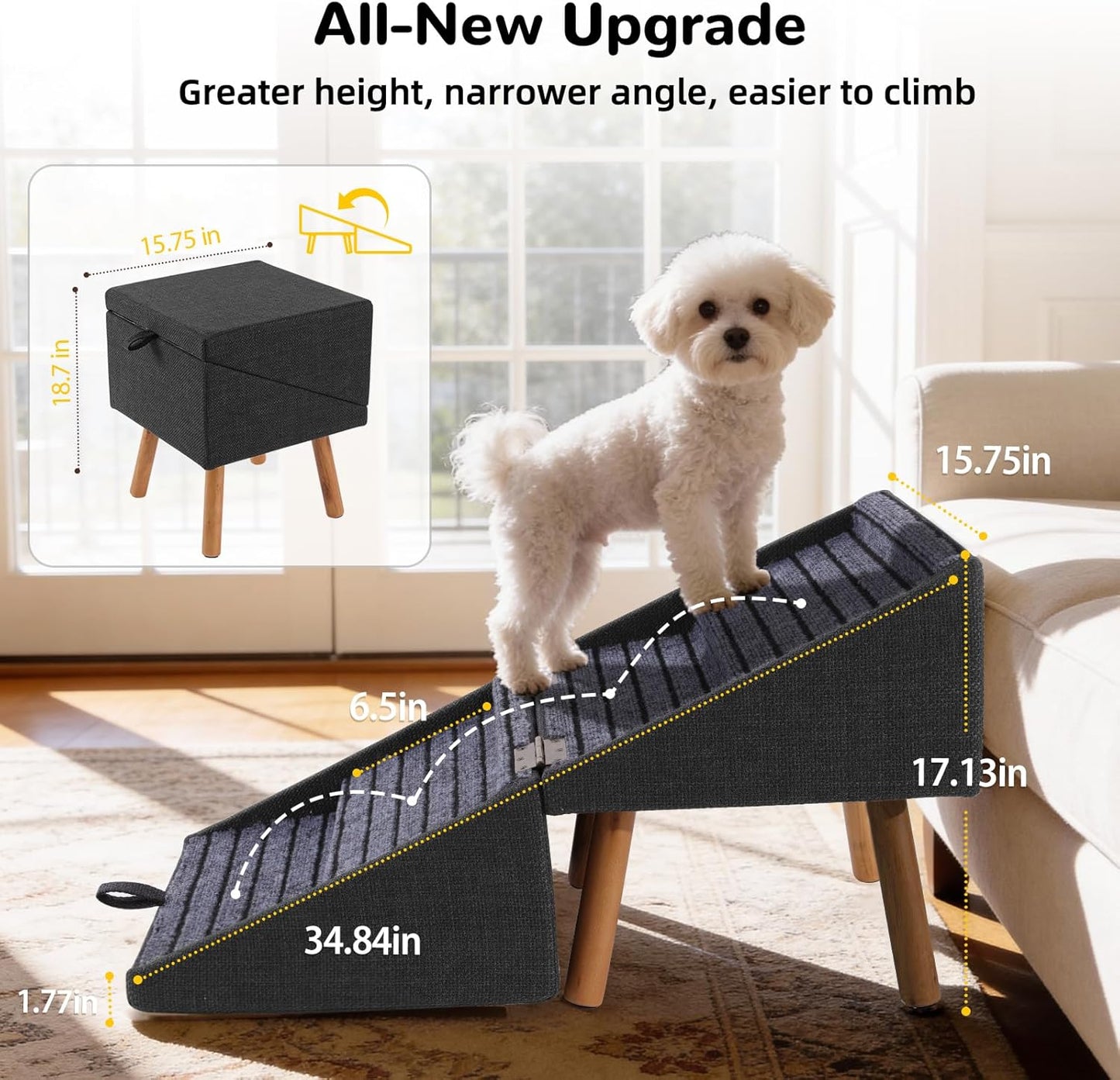 17.13" H Dog Stairs for Small Dogs, 2-In-1 Pet Steps & Ottoman - Foldable Dog Stairs for Couch, Non-Slip Wooden Pet Stairs for Puppy Senior Injured Dogs