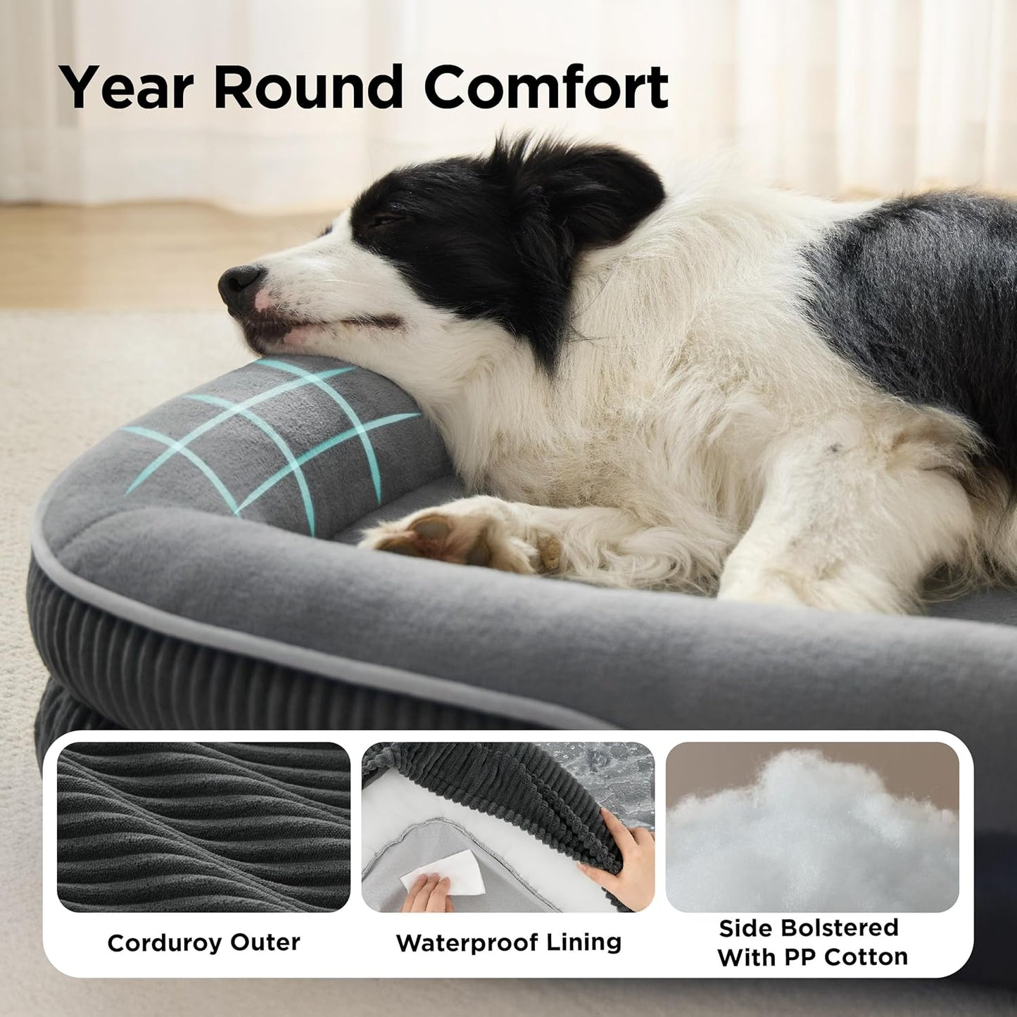Bedsure Orthopedic Dog Beds Large Sized Dog - 360° Oval Bolster Large Dogs Bed for Senior Dogs with Waterproof Washable Cover, Big Comfort Pet Sofa Couch with Ultra-Soft Fleece, Grey, 35"