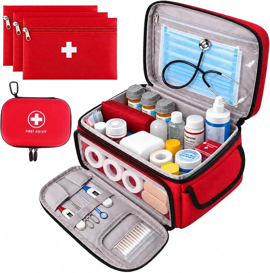 First Aid Bag Empty, 5-Set with Large Medical Organizer, 3 Portable Pouches & Hanging Bag for Home Car Travel Camping Office School Outdoor Adventure Medical Supplies,Pet First Aid Kits (Red)