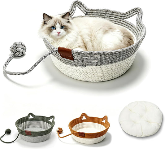 Cotton Rope Woven Cat Bed 18.9 Inch, Cat Basket Pet Sleeping Bed Cat Nest with Removable Cushion, Cat Ear Handles, Cat Scratching Pad & Teaser Ball for Indoor Cats Puppies Small Dogs（Large Gray）