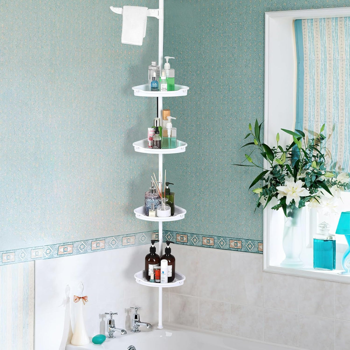 Precisionauto 4-Tier Corner Shower Caddy Tension Pole with Adjustable Trays, Auto-Drain No-Drill Shelves,101.6 Inch-122 Inch,Space-Saving Storage for Bathtub or Shower, White