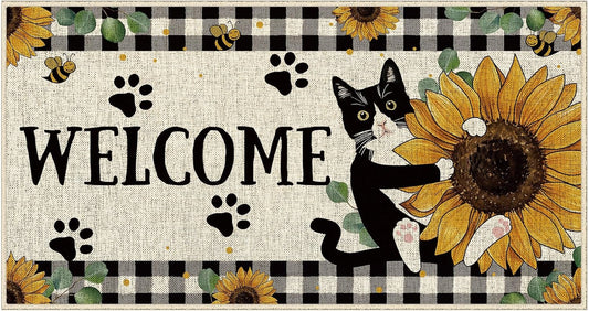 Dlzdn Welcome Cat Door Mat Sunflower Tuxedo Cat Decorative Doormat Seasonal Summer Fall Holiday Non-Slip Rubber Backed Entryway Rugs for Indoor Outdoor Entrance Floor 16 X 30 Inch