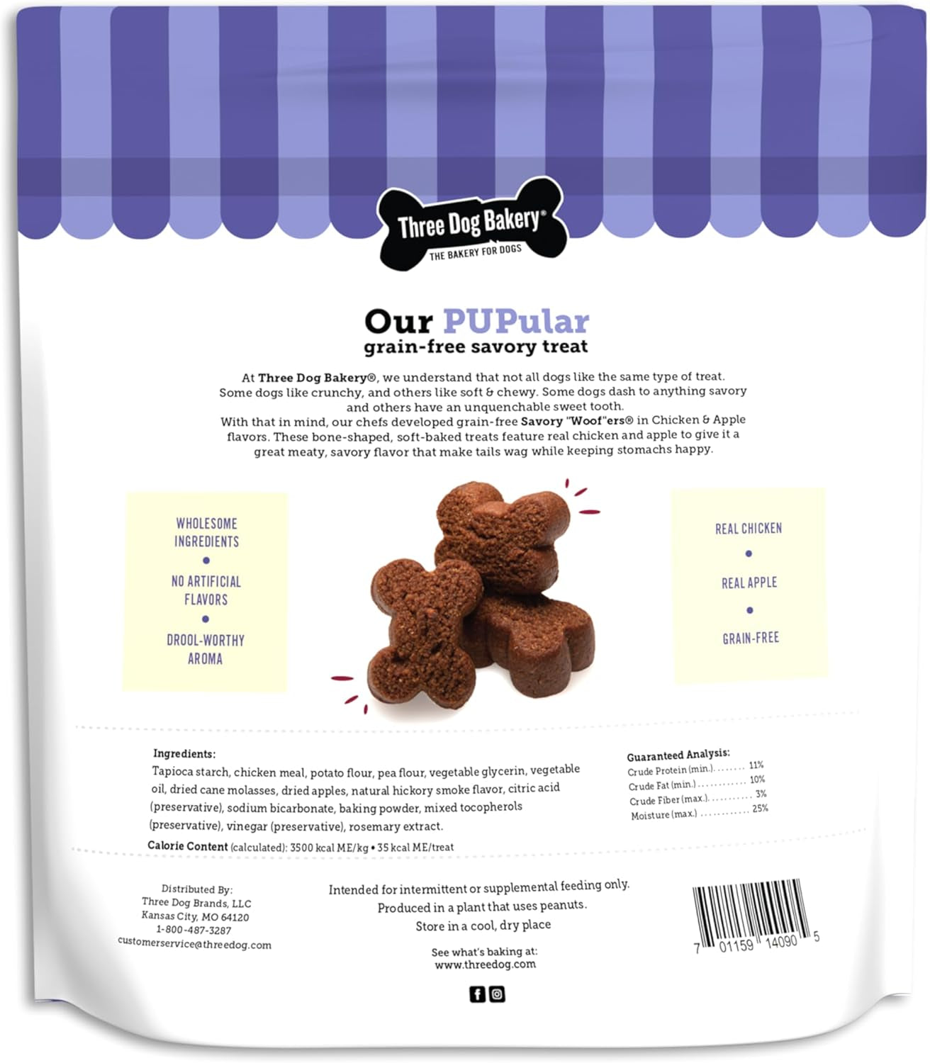 Three Dog Bakery Grain-Free Savory Woof Ers in Chicken & Apple - Low Fat Dog Treats, Chicken & Apple Flavored Puppy Training Treats, Cookies for Dog Training Treats
