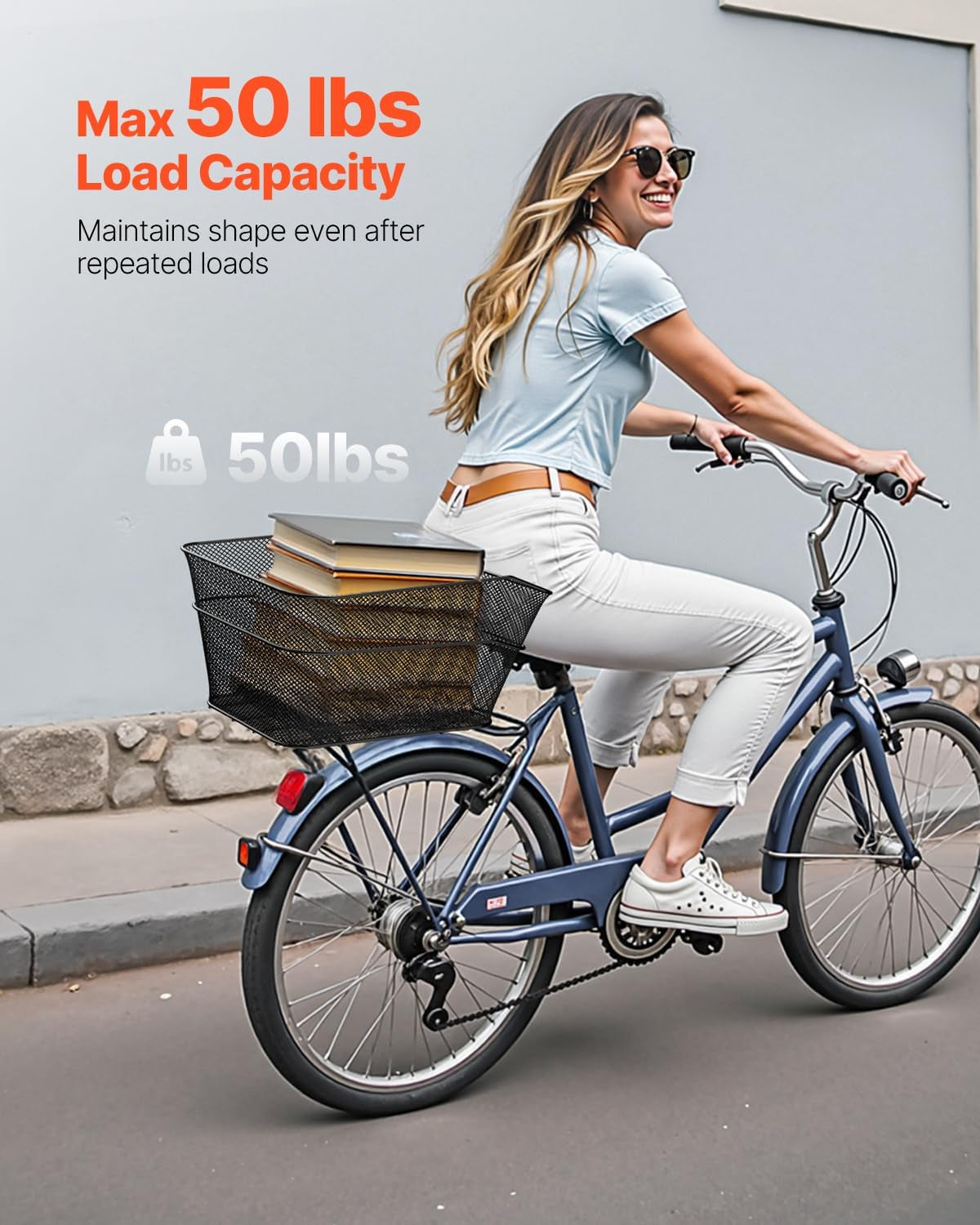 VEVOR Rear Bike Basket, Wire Mesh Bicycle Basket with Cargo Net & Waterproof Cover, Durable Metal Bike Back Basket, Fits Most Rear Bike Racks, Mounting Tools Included