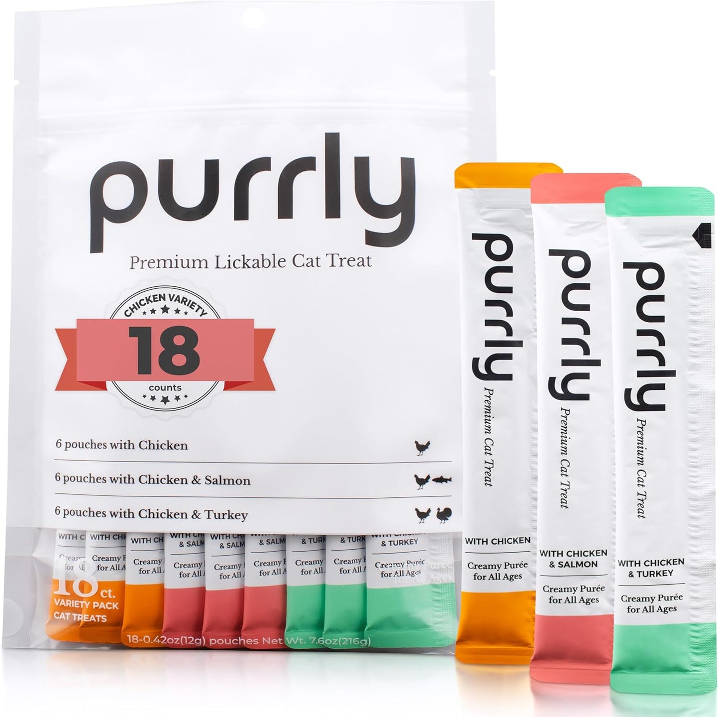 Purrly Lickable Wet Cat Treats Healthy Grain-Free Chicken Variety Pack (18 Count) Squeezable Creamy Purée with Human-Grade Protein Functional Nutrients Non-Gmo No-Artificial-Additives Low-Phosphorus