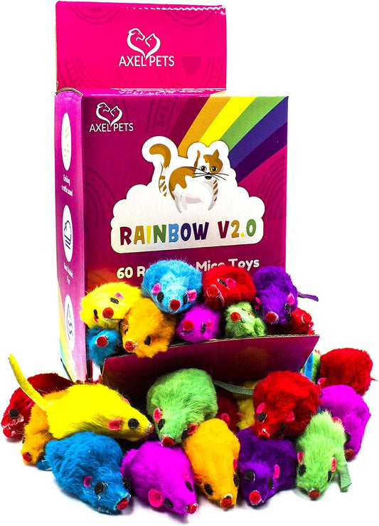 Colorful 60 Rainbow V2.0 Mice with Catnip and Rattle Sound Made of Real Rabbit Fur Interactive Catch Play Mouse Toy for Feline Cat, Box of 60 Mice