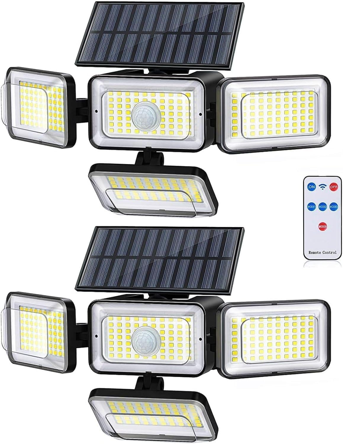 4 Head Solar Lights Outdoor Waterproof, 288 LED 2800LM Motion Sensor Outdoor Lights with Remote Control, Solar Flood Lights Outdoor for Patio, Garage, Yard, Wall, IP65 Security Lights 2 Pack