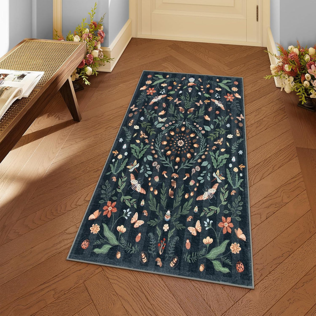 Lahome Washable Insect Botanical 2X4 Runner Rug for Entryway - Machine Washable Non-Slip Hallway Runner Rug, Black Boho Low Profile Soft Faux Wool Kitchen Rug for Bathroom,Bedroom, Hallway