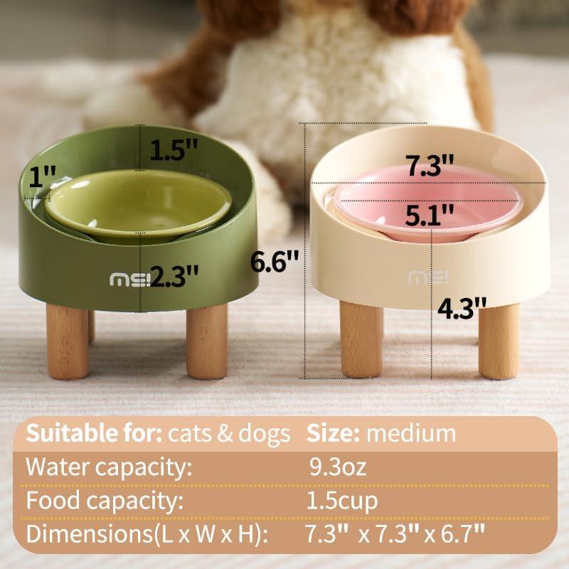 Ceramic Elevated Cat Bowls, Adjustable Raised Double Bowls Set, Pet Bowl with anti Slip Rubber Pad, Leak-Proof, Stress Neck Free Food & Water Bowls for Small Dogs Geen