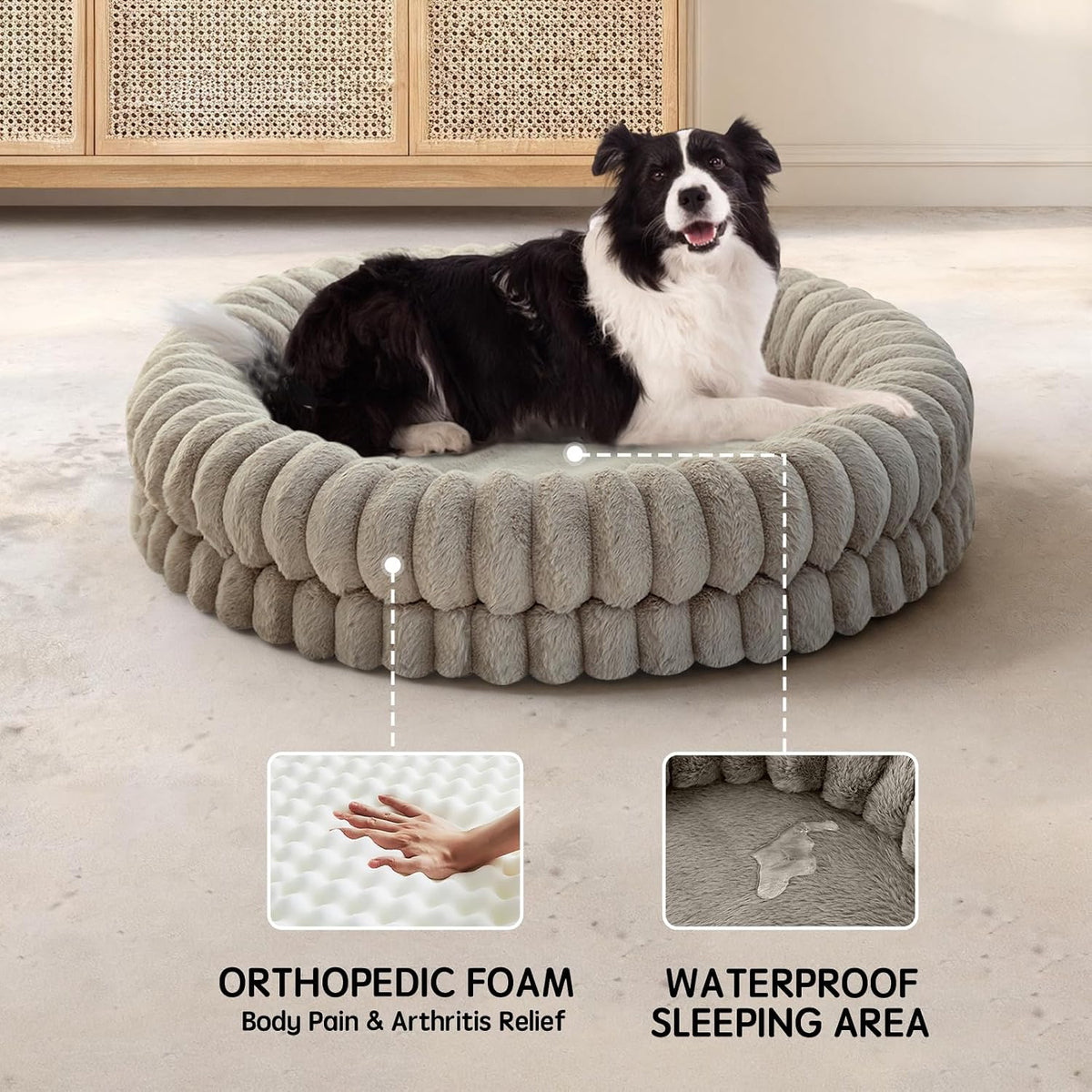 BALANCE Luxury Donut Dog Bed, 36 Inches round Dog Beds Large Sized Dogs Washable, Orthopedic Calming Dogs Bed for Pets with Anti-Slip Bottom, Oatmeal