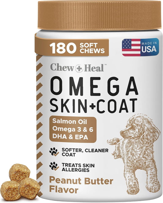 Omega 3 Fish Oil for Dogs, Peanut Butter - 180 Soft Chews for Skin and Coat