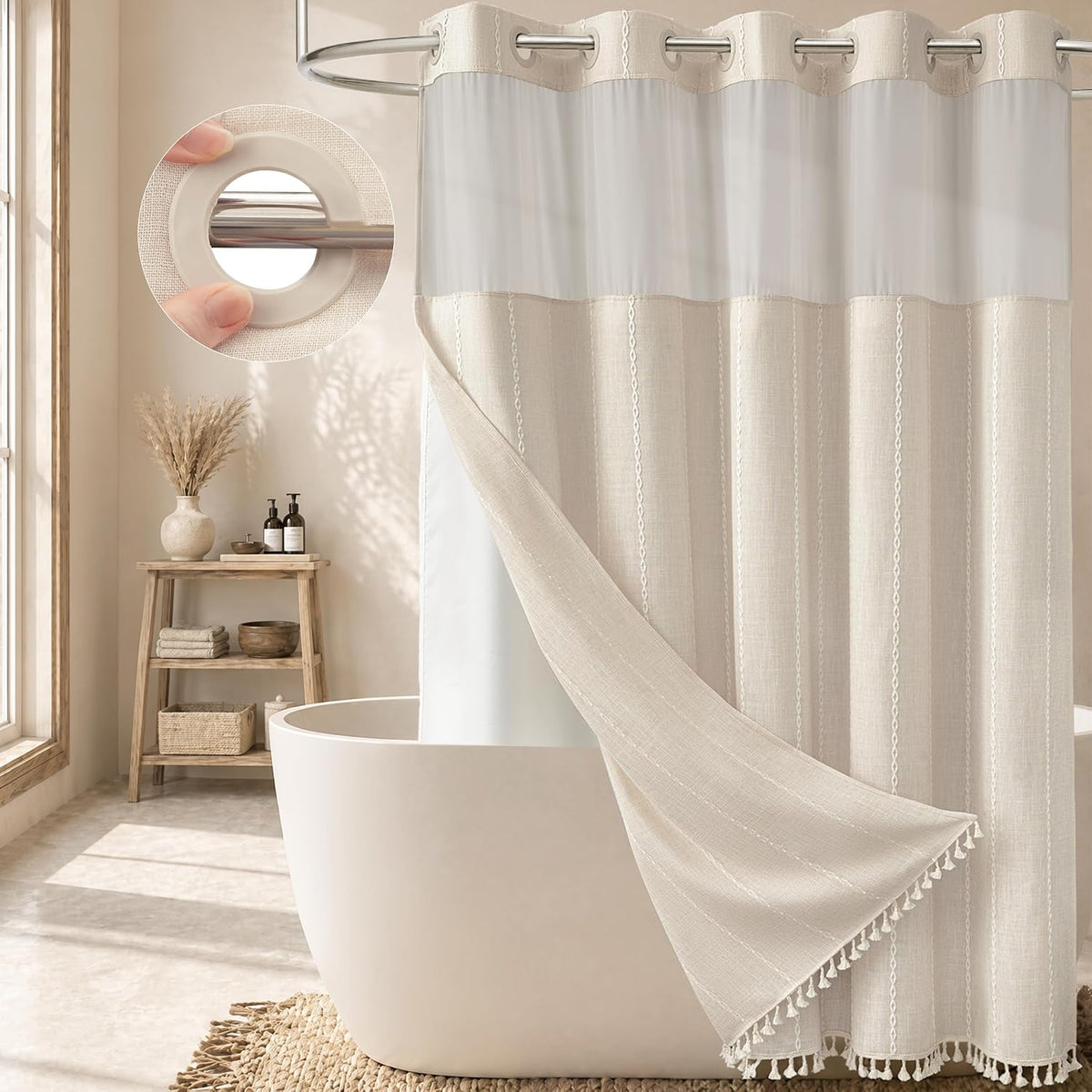 Cream Ringless Boho Stripe Tassel Shower Curtain with Snap Liner 72X75